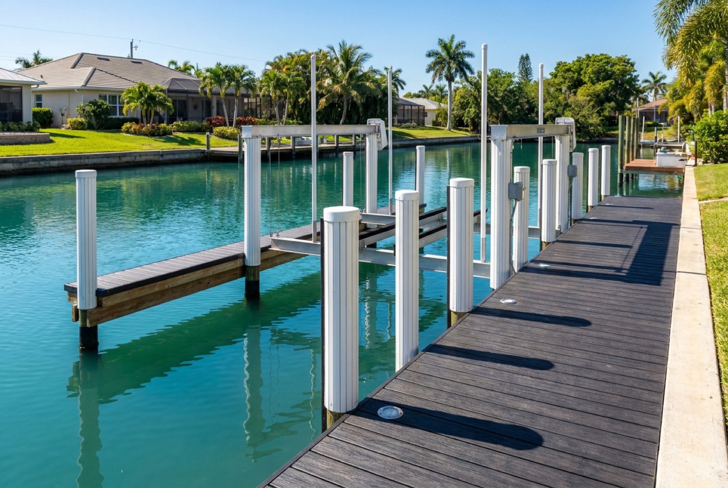 Anatomy of a premium dock — pilings, decking, lift, lighting
