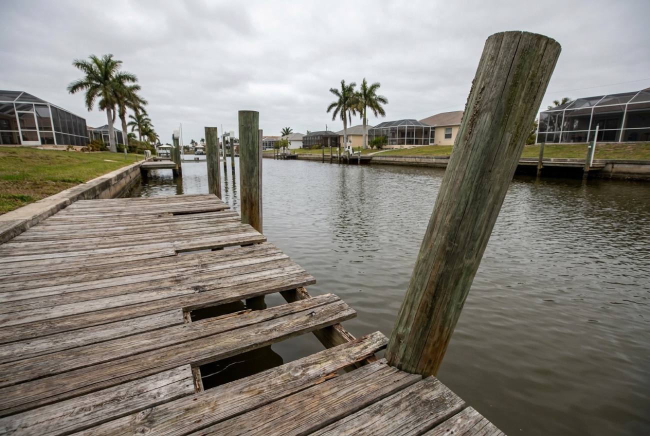 Before — storm-worn dock with broken boards
