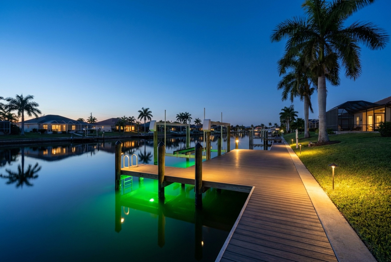 Dock lighting at blue hour — Fort Myers, FL