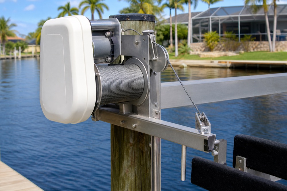 Marine-grade boat lift drive motor, cable spool and pulley