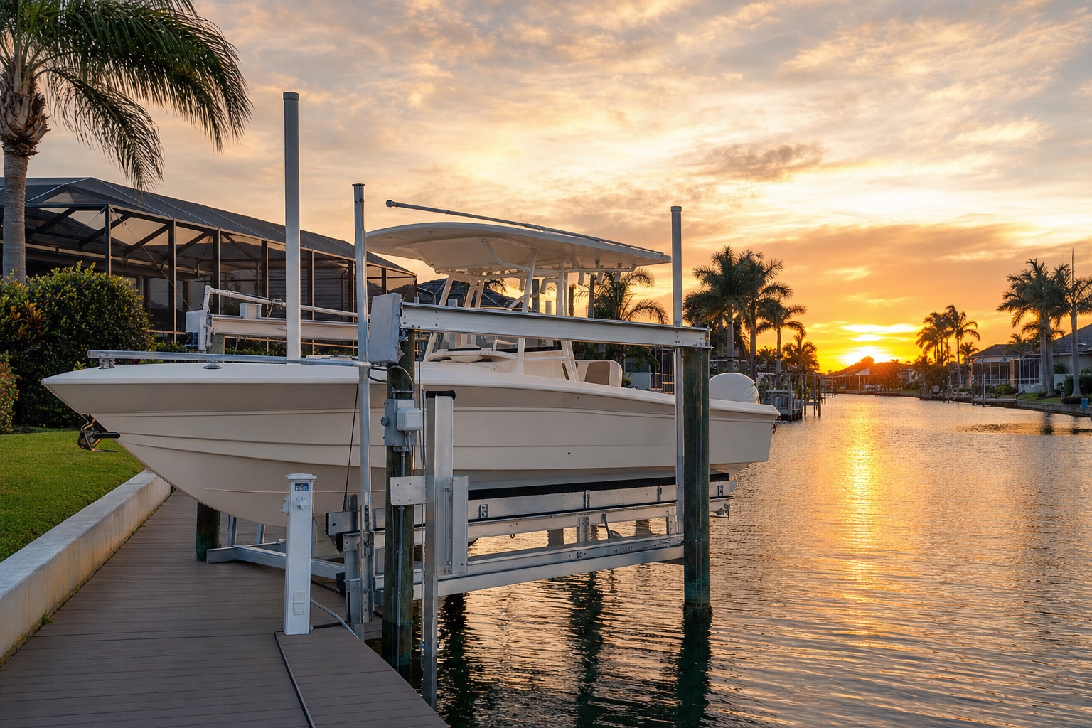 Calm day — boat secure on a premium lift