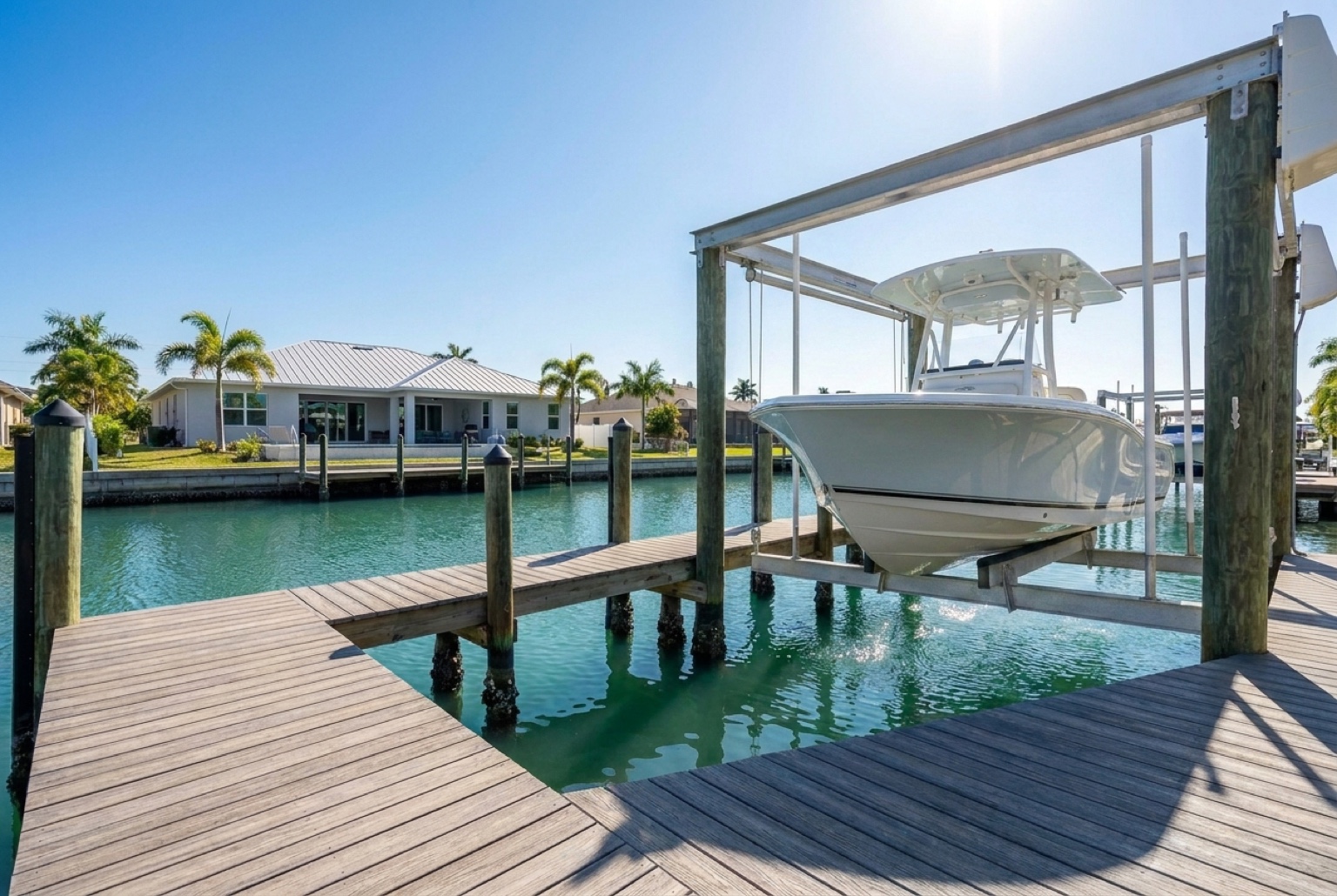 Boat lowered into the water on a Cape Coral boat lift