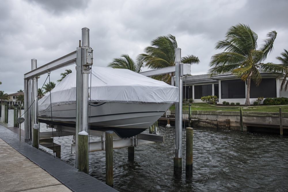 Storm-ready — boat raised and strapped before the surge