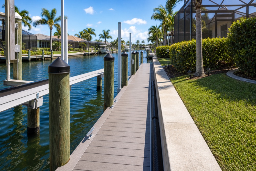A composite walkway running out over a canal of dark blue water between rows of pilings, with boats and homes lining the waterway beyond