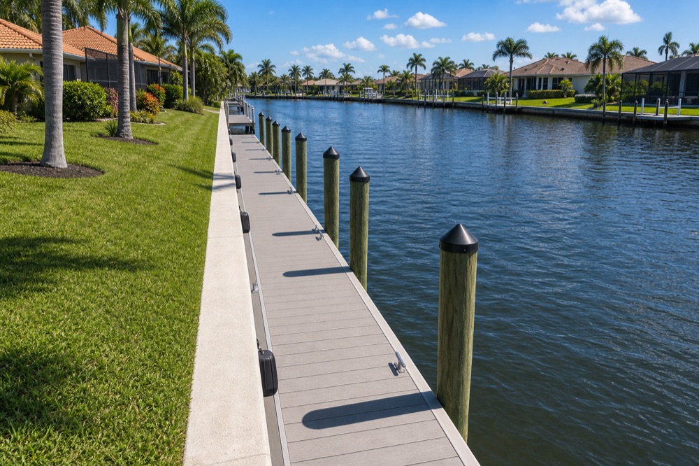 A long composite walkway running along the edge of a lawn beside a row of pilings, with a wide sunlit canal and homes and palms on the opposite bank