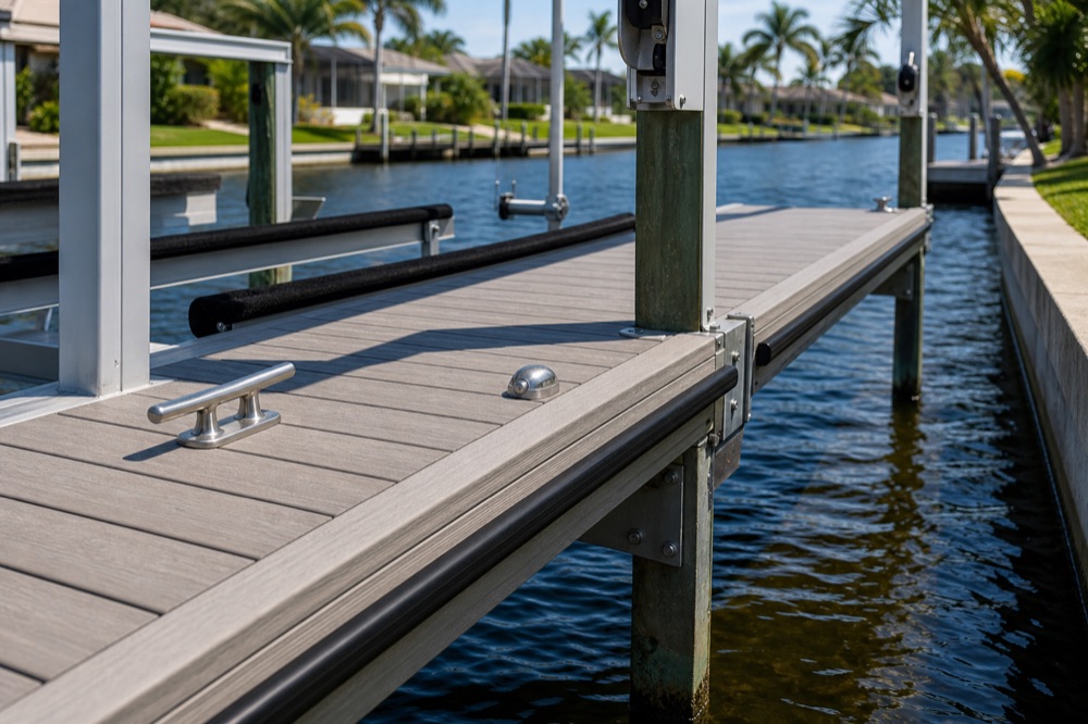 Close-up of a composite dock walkway with a stainless cleat and a round inset deck light, black rub rails and an aluminum boat lift frame along the left edge, wooden pilings below, and a canal running out toward wider water past palms and homes