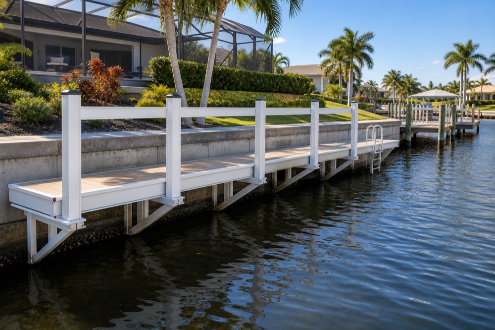 A white-railed aluminum gangway and platform reaching out over the water from a seawall, with a boarding ladder, lawn and home behind