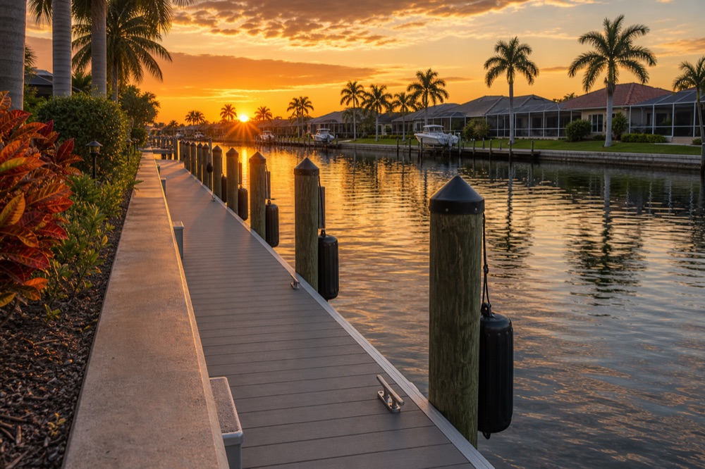 A dock walkway running along a canal at sunset, flowering plantings beside it, pilings hung with fenders, and palms and homes in golden light across the water