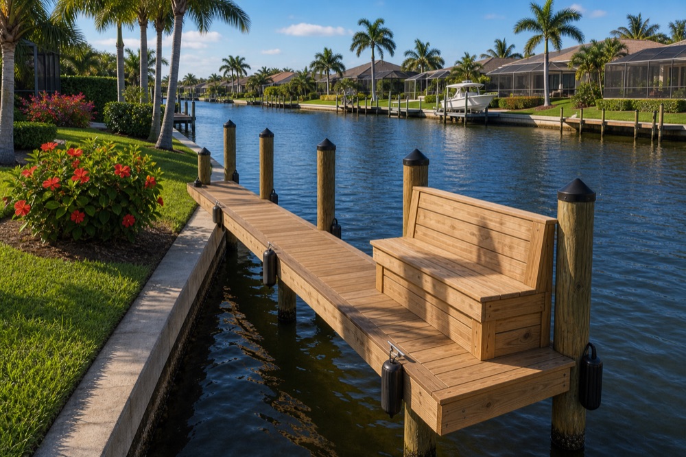 A wooden captain's walk running from a concrete seawall out over a canal, with a built-in bench and backrest, capped pilings with black fenders, red flowering hibiscus and lawn at left, and homes, palms and a boat on a lift across the water