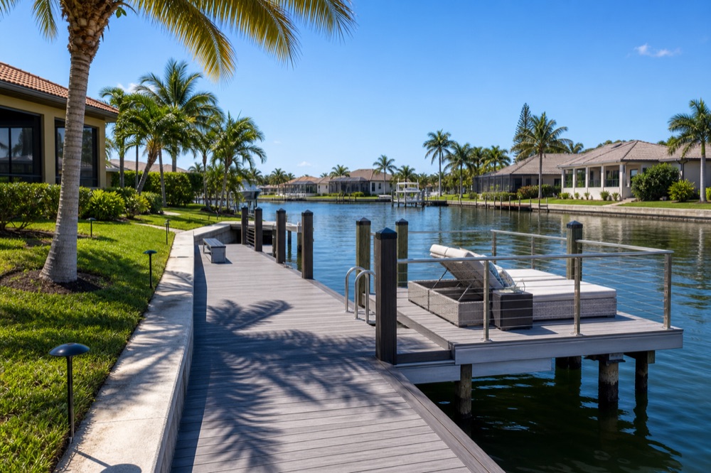 Composite boat dock with a stainless-steel ladder and cable railing beside a lounge area on a Cape Coral canal