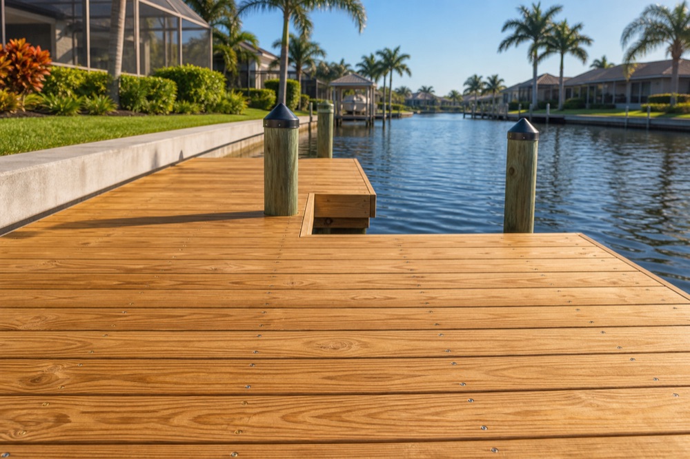 Wide wood-grain composite dock deck with two black-capped pilings beside a concrete seawall cap, looking down a calm Southwest Florida canal lined with palms and homes