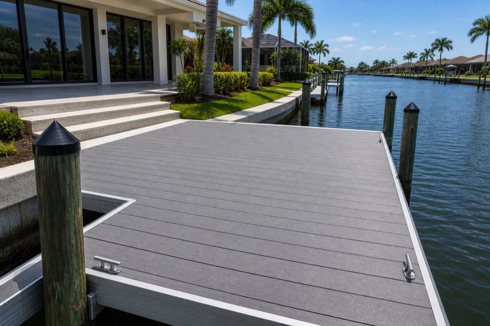 Travertine steps running down from a modern home to a gray composite dock with capped pilings, the canal beyond