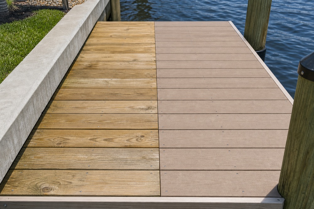 Close-up of a dock deck where weathered natural wood boards meet a newly laid section of gray composite decking, with the seawall edge and a piling at the edge of the frame