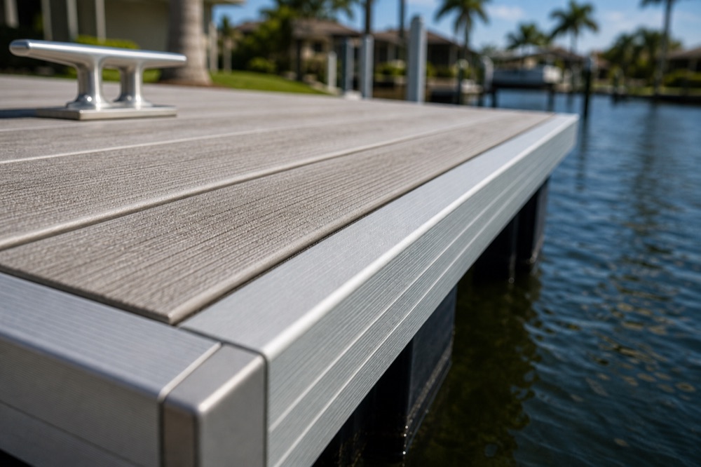 Close-up of composite dock decking with a polished aluminum cleat and aluminum edge trim on a Southwest Florida canal dock