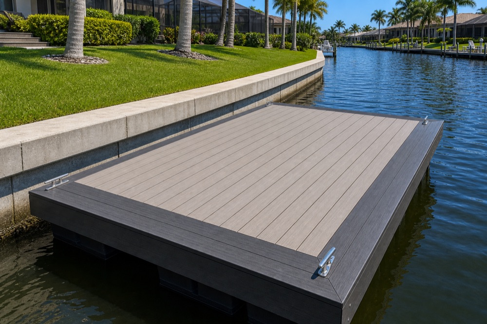 A dark-trimmed composite floating dock platform with stainless cleats sitting against a concrete seawall cap, with a mown lawn, palms and screened homes running along the canal behind