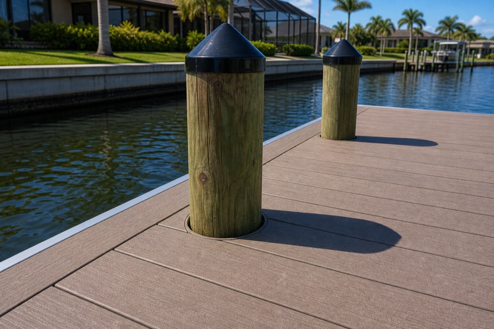 Two timber dock pilings with black conical caps rising through brown composite decking beside a sunlit canal, with a seawall, lawn and palm-lined homes across the water