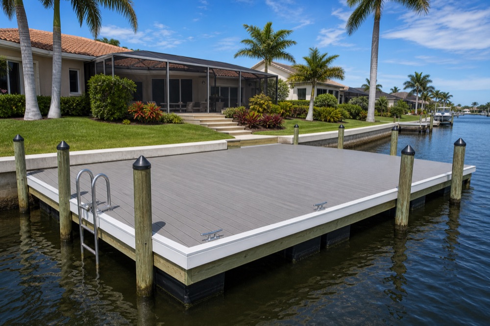 A wide gray composite dock platform with a white rub rail, stainless boarding ladder and deck cleats, capped wood pilings along a concrete seawall, with a screened-lanai home and palms behind it and a boat further down the canal