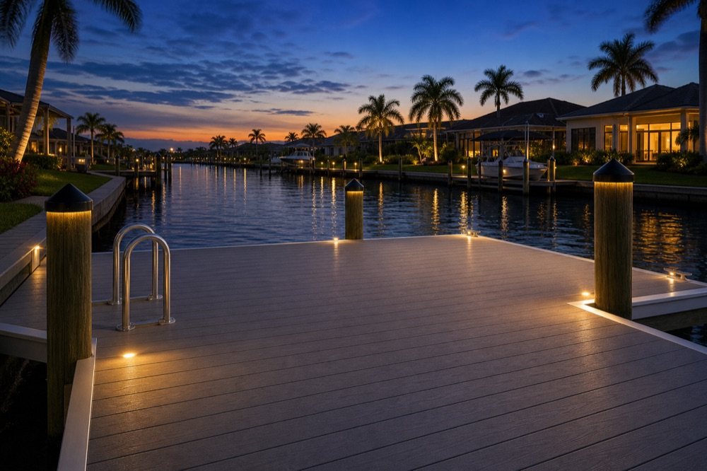 A composite dock platform at twilight lit by inset deck lights and lit piling caps, a stainless boarding ladder at the edge, a calm canal reflecting an orange and blue sunset with palms and lit homes down the water