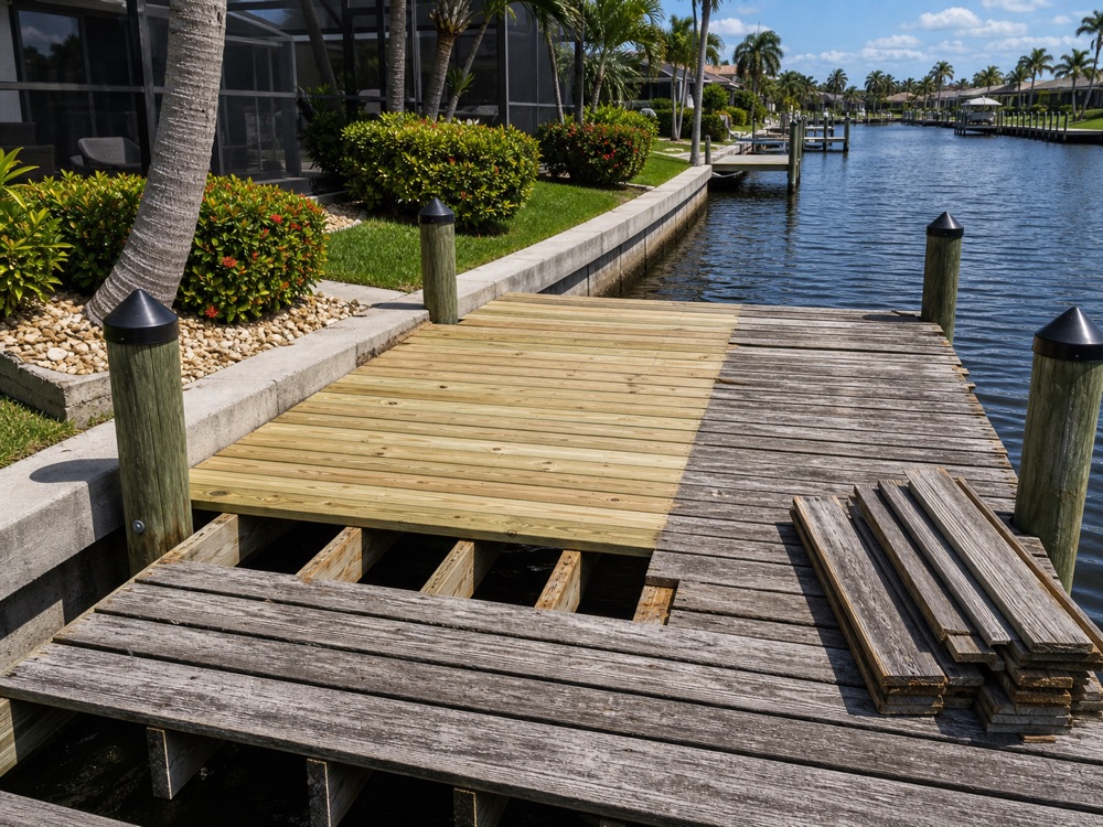 A dock re-decking in progress: fresh light-colored boards laid across part of the frame with the joists still open beside them, weathered gray decking on the rest, a stack of removed gray planks at right, capped pilings and a canal behind