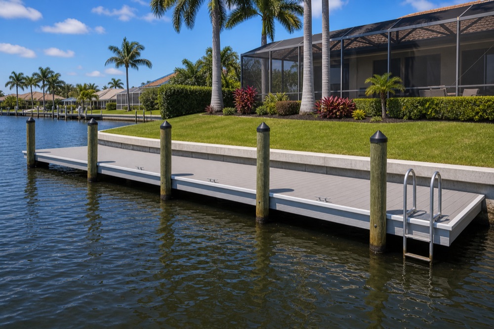 A long composite dock walkway running along a concrete seawall with black-capped wooden pilings and a stainless boarding ladder at the far end, clipped hedges, lawn and a screened lanai home behind, palms and homes down the canal