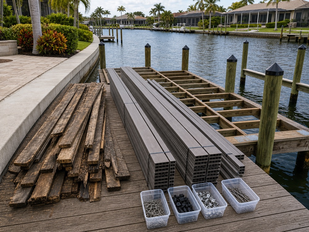 A dock re-decking in progress, with stacked weathered old boards on the frame beside bundled new composite planks and open tubs of fasteners