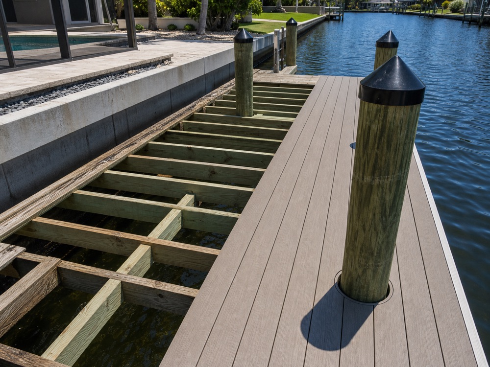 A dock stripped back to its bare joists with new composite deck boards partly laid across them, a capped piling in the foreground and a concrete seawall behind