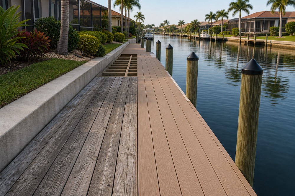 A concrete seawall with steps down to the water, weathered walkway boards running into a run of new composite decking, pilings and a wide canal beyond