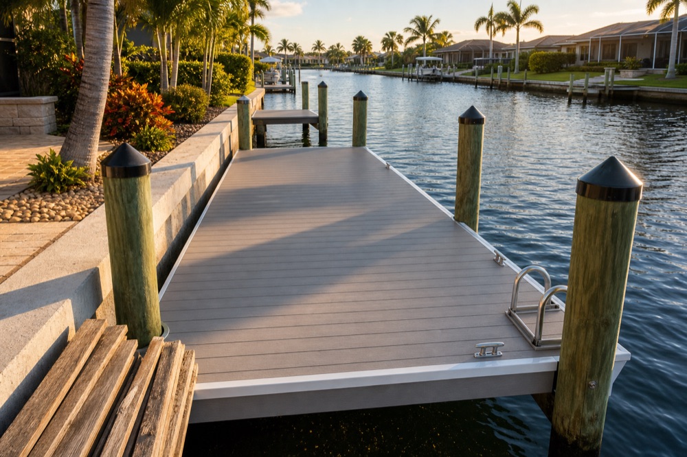 A finished composite dock platform at golden hour with capped wooden pilings, a stainless boarding ladder and cleat, a paver walkway and a stack of removed weathered boards in the foreground, and a canal lined with homes, boats and palms behind