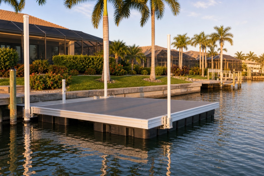 A floating dock beside a concrete seawall with tall guide piles at its corners, palms along the bank and a screened home behind