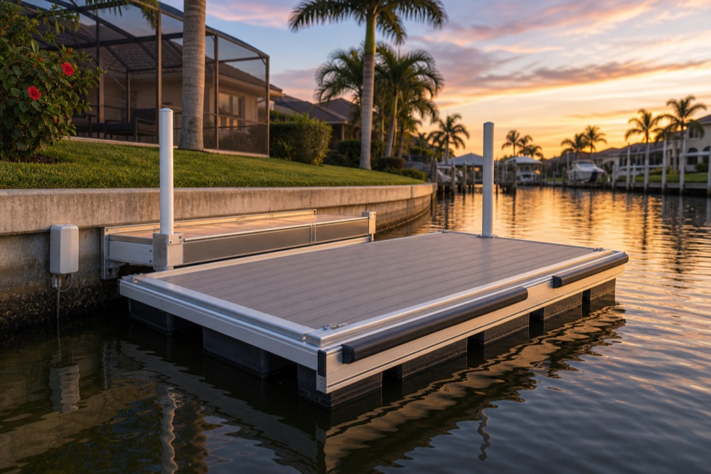 A floating dock with white guide posts and an aluminum gangway hinge against a concrete seawall at sunset, red flowering shrubs and a screened lanai above the bank, boats and lit homes down the canal