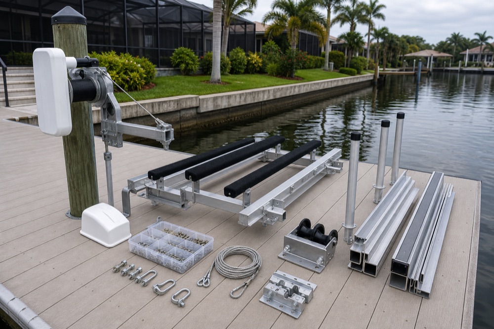 Boat lift components laid out on a dock: a drive unit mounted to a piling, aluminum beams, black bunk boards, and trays of cable and hardware
