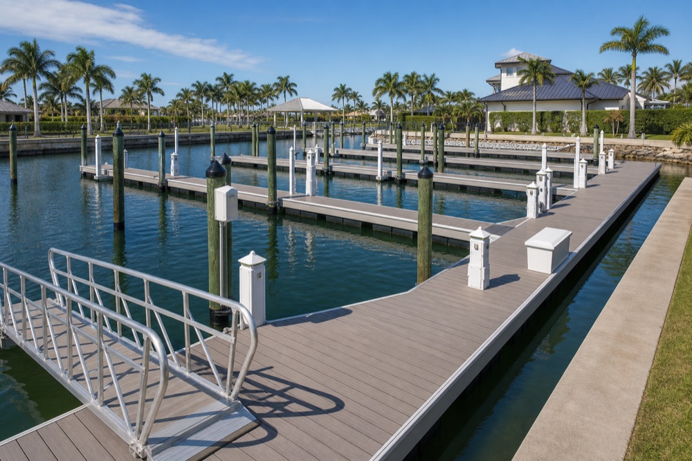 A marina with floating docks running between rows of pilings, an aluminum gangway with handrails leading down from shore, dock pedestals along the walkways, and palms and buildings behind