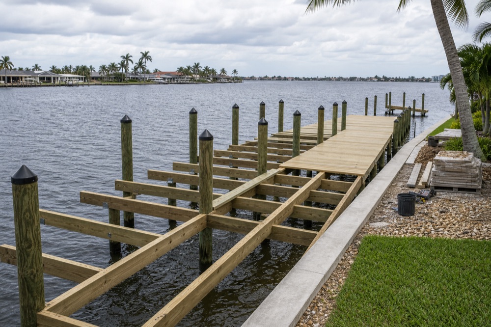 A dock under construction on a Southwest Florida canal — pilings driven and capped, the frame laid out over the water, and the first run of decking installed alongside a concrete seawall