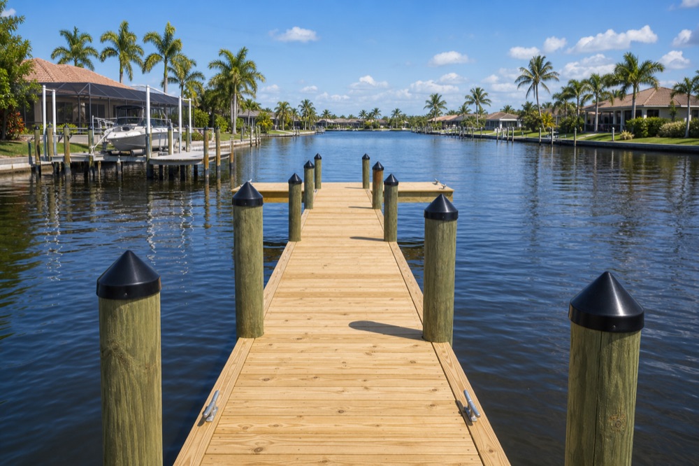 A newly built light-timber dock running out into a wide Southwest Florida canal, its pilings capped in black, with neighboring homes and a boat resting on a lift across the water