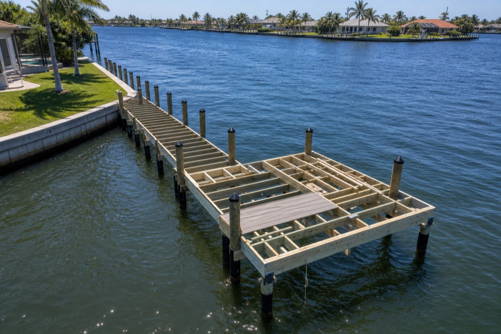 A narrow elevated dock walkway extending over a vegetated Southwest Florida shoreline toward open water
