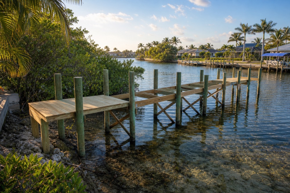 An unfinished timber pier with exposed cross-bracing running out over shallow, clear, rocky-bottomed water from a natural mangrove-lined bank, with a covered dock and palm-lined homes across the wider bay beyond
