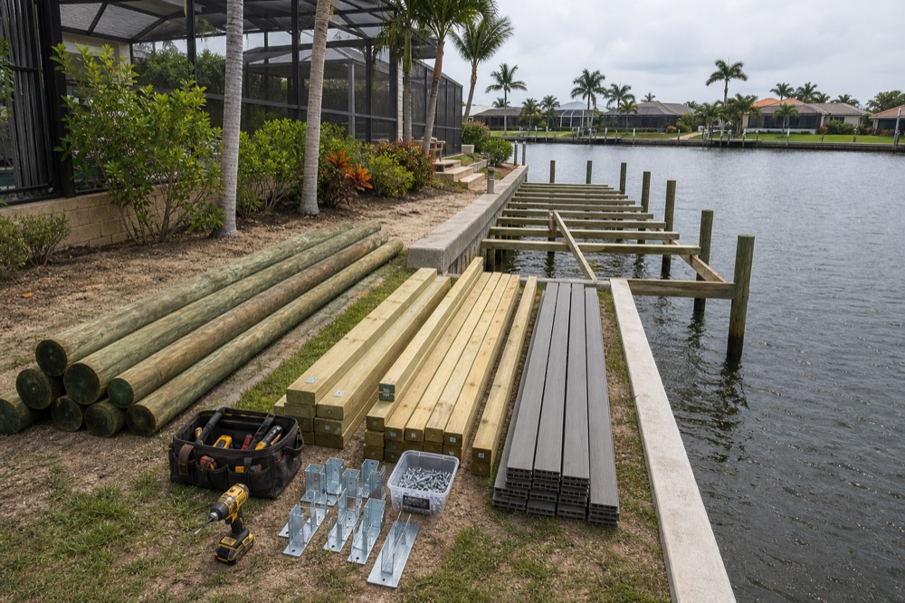 Marine construction materials staged on a waterfront lawn — stacked pilings, framing lumber and composite deck boards with brackets and a tool case, beside a concrete seawall where new pilings have been driven