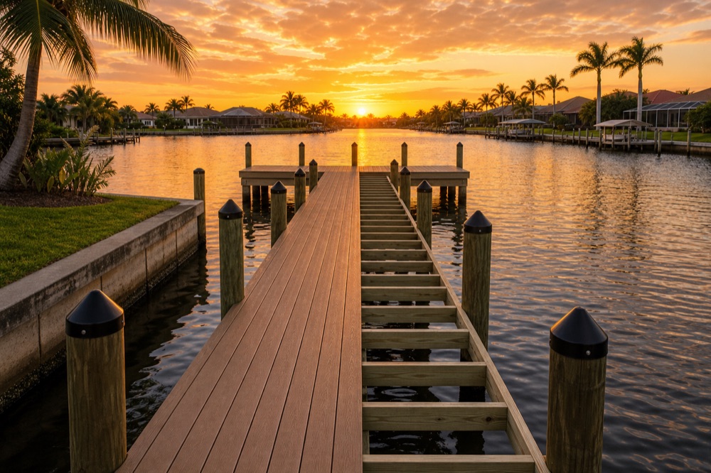 A dock at sunset with composite decking partly laid over open floor joists, reaching out into a calm canal between capped pilings