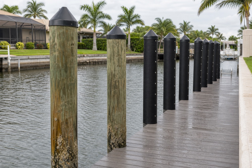 Two weathered wooden pilings with black conical caps and barnacle growth near the waterline in the foreground, a row of newly black-wrapped capped pilings behind them along a wet composite dock walkway, a screened home and palms across the canal on an overcast day