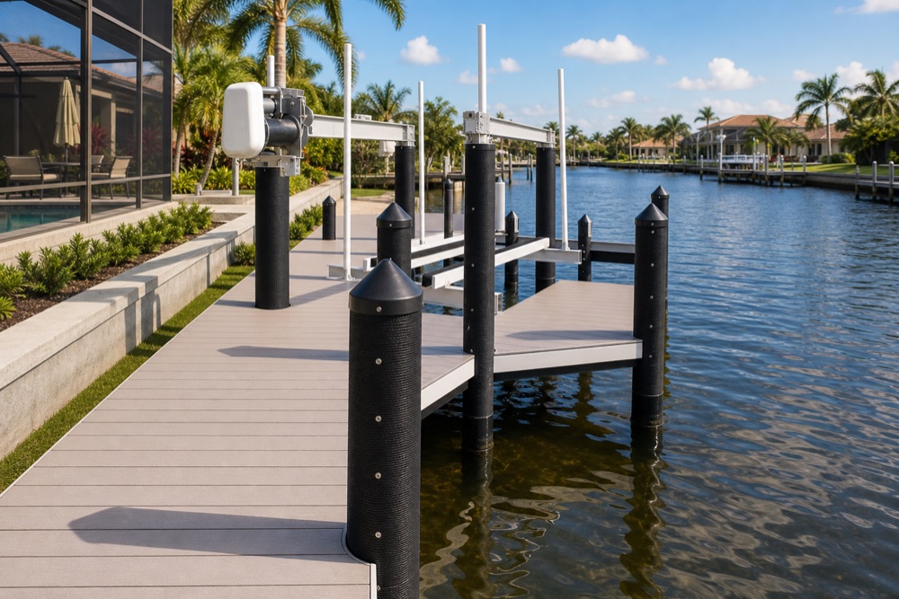 Two empty aluminum boat lift beams mounted over black-wrapped pilings at the end of a light composite dock walkway, with a screened poolside home on the left and a wide canal of homes beyond