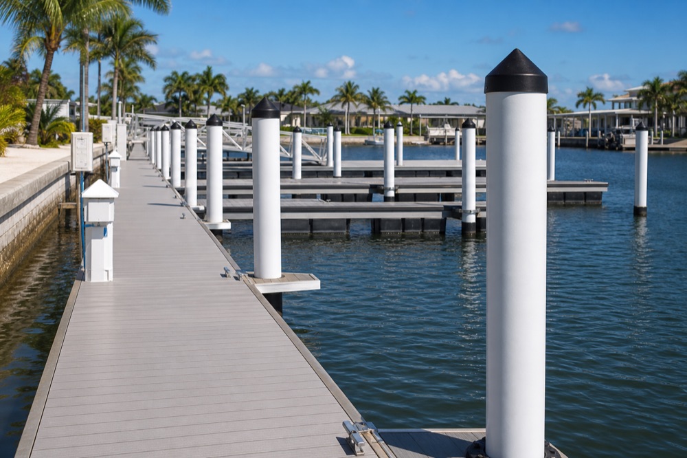 A composite dock walkway running past a long row of white-wrapped pilings alongside a concrete seawall, with boats and homes down the canal beyond