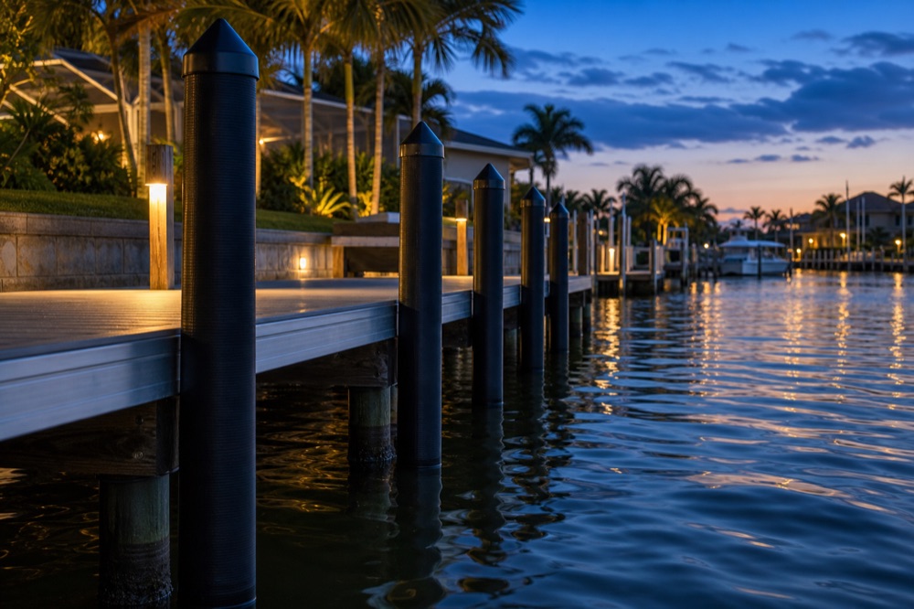 A dock walkway lit by low deck lights at blue hour, with black-wrapped pilings below the deck, a calm canal, and the lit windows of homes across the water