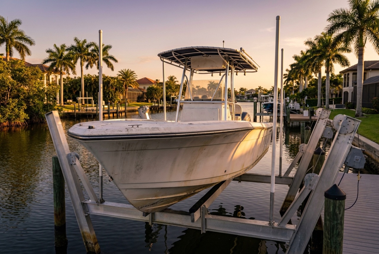 Boat Lifts on Marco Island's deep gulf-access canals and open-water lots by Florida Lifts & Docks